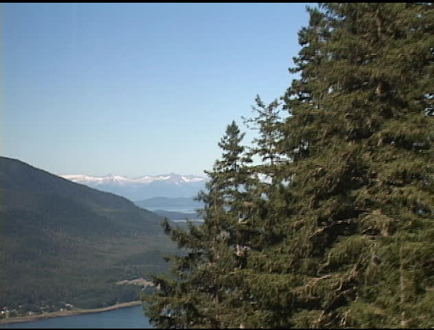 Alaskan Mountain range shot from cable car traveling up Mt. Roberts in Juneau, Alaska