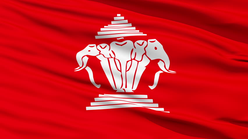 Flag Of The Kingdom Of Laos with a triple headed white elephant on red.