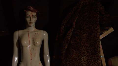 fake blood spattered mannequin in an attic horror establishing shot