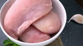 Raw Chicken Fillet as rotating, seamless loopable 4K footage