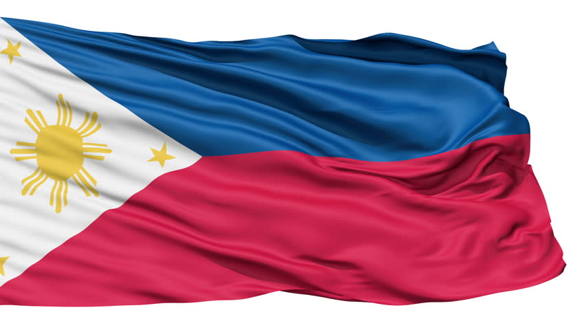 Flying bicolor flag of the Philippines with central golden sun representing the