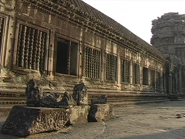Camera pan inside Angkor Wat temple ruins in Cambodia 