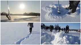 Ice surfer sail on frozen lake. Woman draw heart shape on snow in love with winter. Icehole drill. People skate on ice. Montage of video footage clips collage. Split screen. White round corner frame.