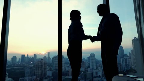 Businesspeople making deal and shaking hands by window in office, slow motion
