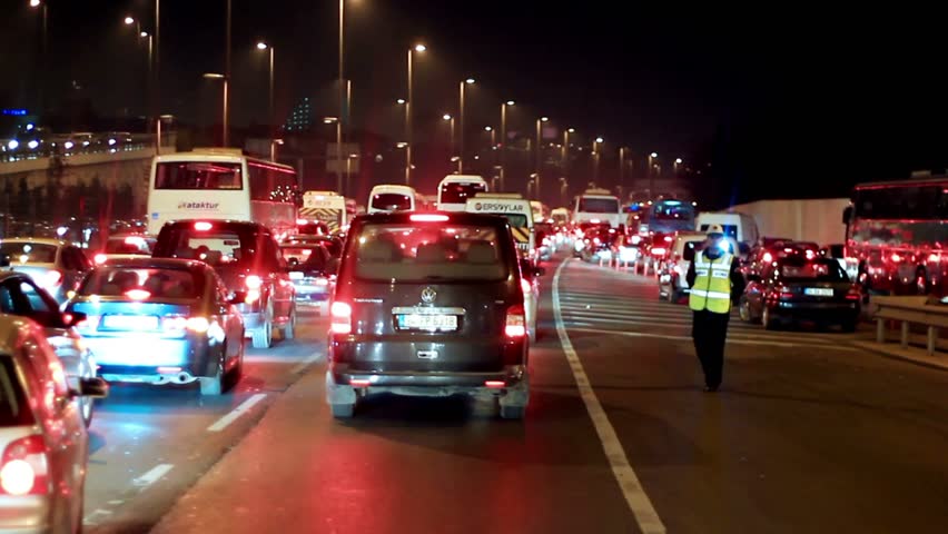 ISTANBUL - FEBRUARY 17: Traffic jam with rows of cars waiting to cross on