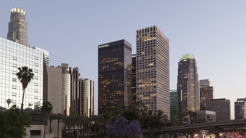 LOS ANGELES, CA, USA - APR 15, 2015: 4K Time lapse of Downtown Los Angeles at twilight