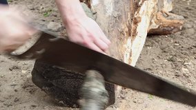 Man cutting wood with a hand saw