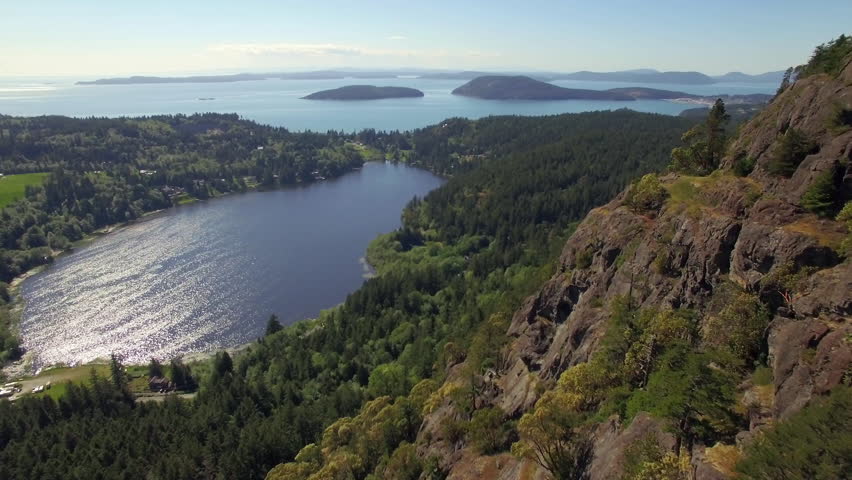 Sunny Day Aerial from Mountain Top of Lake Erie and Puget Sound in Pacific Northwest
