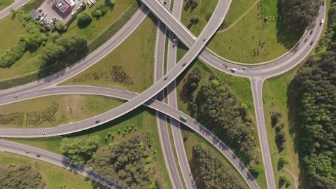 Cars, traffic on highway, freeway, road  junction, aerial view.
