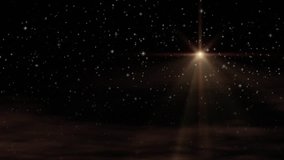 Seamless loop with large warm glow Bethlehem Star and sky of twinkling stars and wispy moving clouds. Great for video scenery with Christmas program.