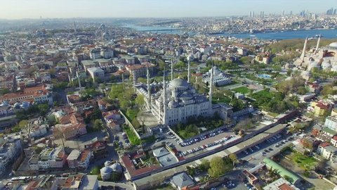 Blue Mosque and Hagia Sophia - aerial view from drone of famous landmarks in Istanbul, Turkey