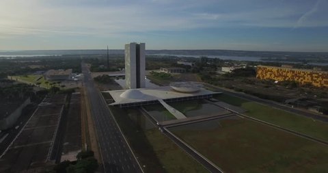 Brasilia tracking aerial of the Congresso Nacional (National Congress) buildings in Brasilia, capital of Brazil