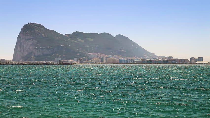 The Rock of Gibraltar, British territory, and its bay view from Spanish territory of La Linea town.