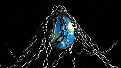 An animated planet Earth is rotating underneath various large metal chains  when it manages to free itself symbolising overcoming of the struggles of the planet. Third version in the series.