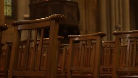Empty row in chairs in Christian religious building 4K 2160p 30fps UltraHD footage - Seats in the church religion background 4K 3840X2160 UHD video