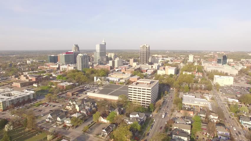 Rising aerial footage overlooking downtown Raleigh, NC in the spring of 2016.