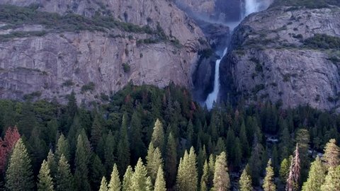 Waterfall in Yosemite national park from air with drone, Aerial view