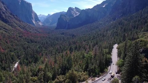 Tunnel view to the waterfall from drone in Yosemite national park, Aerial view, iconic view in 4K
