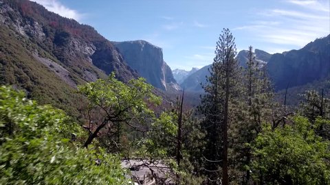 Tunnel view to the waterfall from drone in Yosemite national park