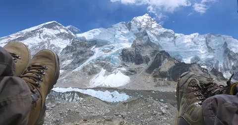 
tourist background Feet on the Khumbu Glacier and the base camp of Mount Everest - Nepal, Himalaya. 