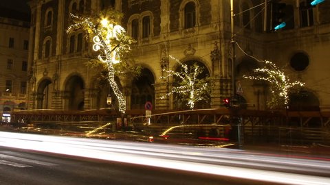 European City at Night Timelapse with Christmas ornaments along the boulvard Budapest Hungary Stock Video