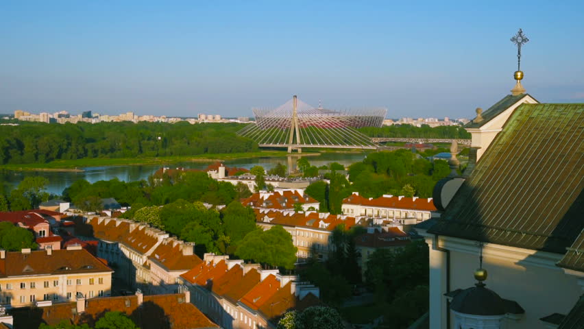 Aerial View on Warsaw City with Buldings and Wisla or Vistula River with Bridge From Above at Day