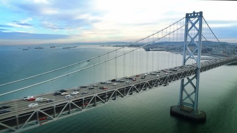 Aerial view of the San Francisco Oakland Bay Bridge. San Francisco, California. USA. Shot from helicopter.

