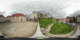 a View to the Low-Rise Houses Parked Cars Small Buildings, vr Video 360, Panorama of the Street, Little Planet Video, Green Lawns, Paving Stone, Video For Virtual Reality, Time Lapse, Obsolete
