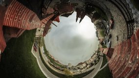 People Are Walking by a Square, Cars, Two Towers of a Cathedral, vr Video 360, Little Planet Video, Video For Virtual Reality, Time Lapse, Paving Stones, Red Bricks Buildings, Vintage Buildings,