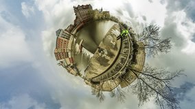 People in Old City on a River Bank, Vintage Colorful Buildings Are Built Along a River Bank , Cityscape, vr Video 360, Little Planet Video, Video For Virtual Reality, Time Lapse, Embankment, Cars Are