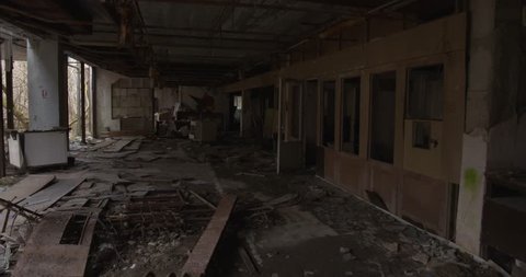 Picture like in a horror film. shot at terrible abandoned school and kindergarten. Video from Pripyat town in the Chernobyl zone