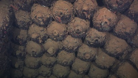 Lot of big bombs, inside the Umbria shipwreck - Red sea, Sudan. Pile of bombs the shipwreck warehouse,
