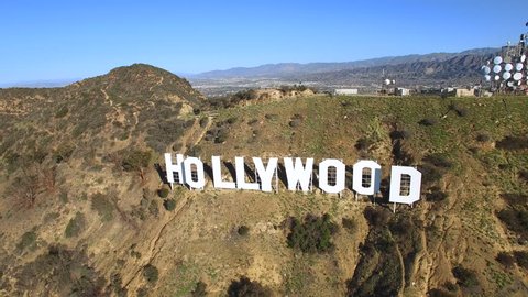 Time ramp aerial shot of Hollywood sign - Los Angeles, California, 2016. Circa february