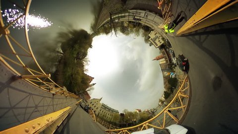 Walkers, People and Cars on a Bridge Through River, Vintage Buildings, Cityscape, vr Video 360, Little Planet Video, Video For Virtual Reality, Time Lapse, Yellow Rails of the Bridge, Cars Are Driven