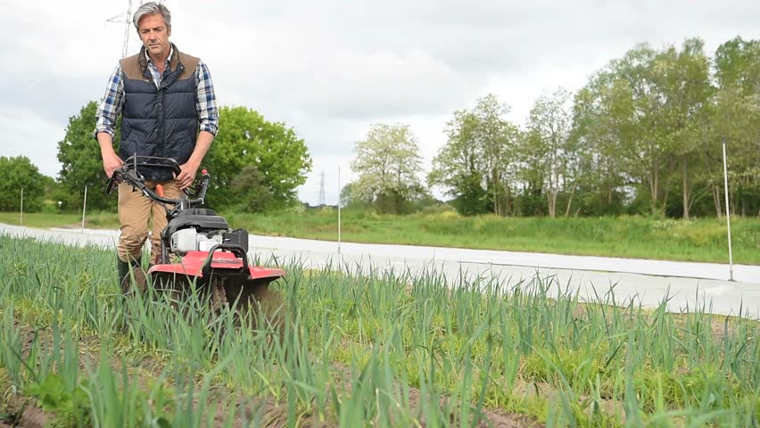 Farmer using rototiller in agricultural field