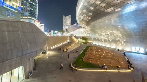 Seoul City Night Shopping Area Time lapse. Dongdaemun shopping area in Seoul with Dongdaemun Design Plaza and shopping malls. 