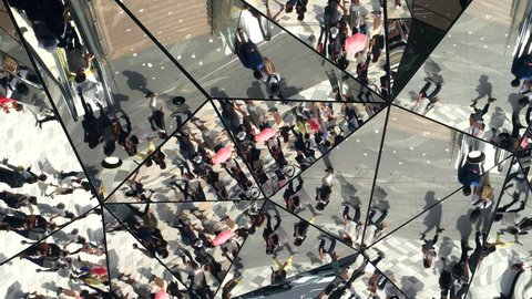 Tokyo- May 2016: Street view in mirror mosaic reflection. Harajuku. 4K resolution
