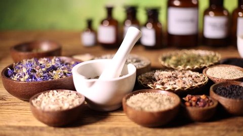 Herbs medicine and vintage wooden