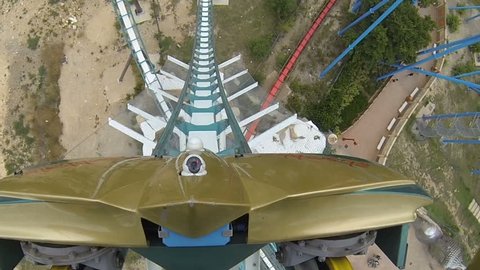 Spain, Salou ? July 2014: Roller Coaster Shambhala In Port Aventura. Shambhala is the biggest roller coaster in Europe. Catalunya, Tarragona.