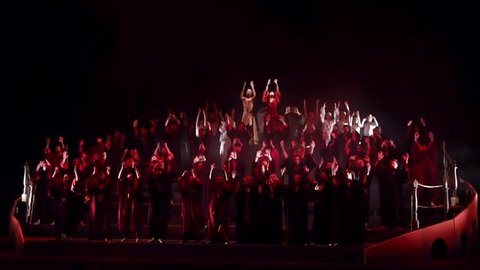 DNIPROPETROVSK, UKRAINE - MAY 11, 2016: Members of the Dnipropetrovsk State Opera and Ballet Theatre perform Carmina Burana.