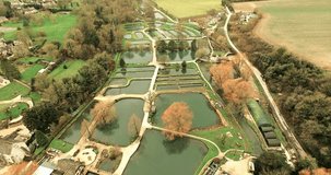 English Countryside Pond and Lakes Farm Aerial Video
