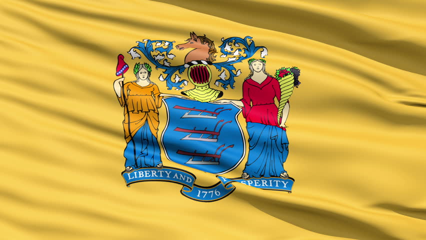 Waving Flag Of The US State of New Jersey bearing the Great Seal.