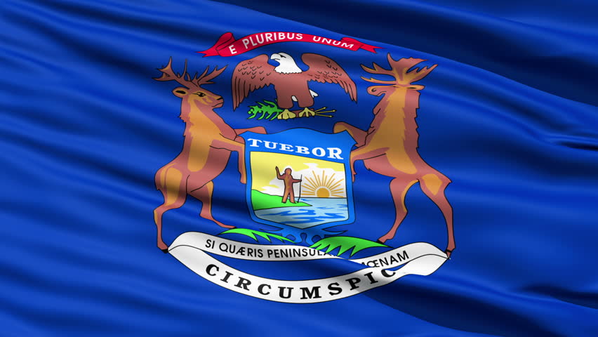 Waving Flag Of The US State of Michigan with the coat of arms supported by an