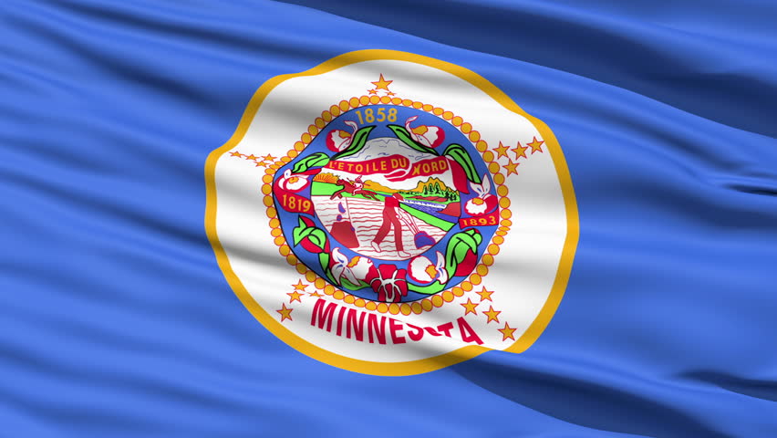 Waving Flag Of The US State of Minnesota with the official seal on a blue