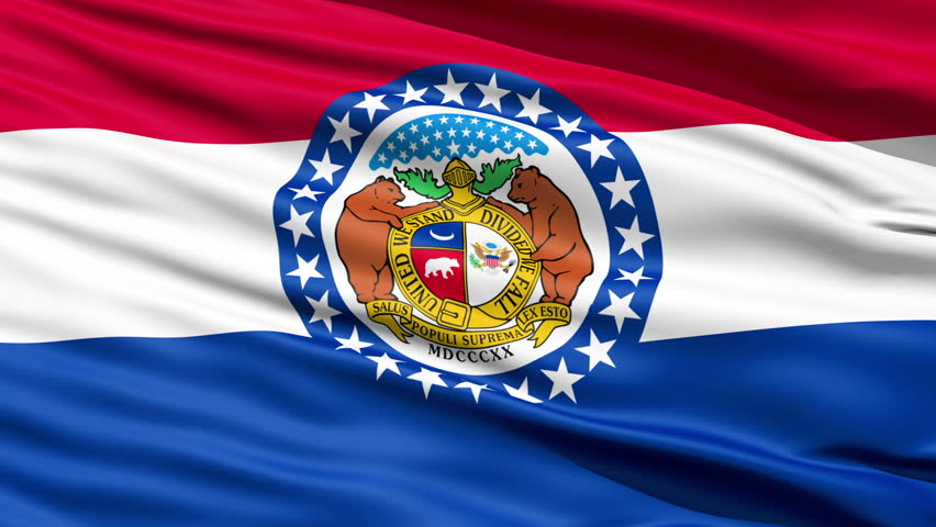 Waving Flag Of The US State of Missouri with the official seal surrounded by a