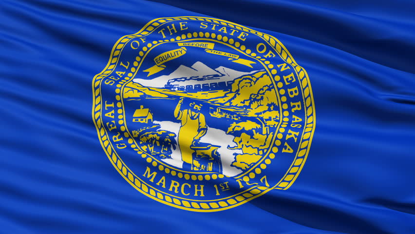 Waving Flag Of The US State of Nebraska with the official state seal on blue.