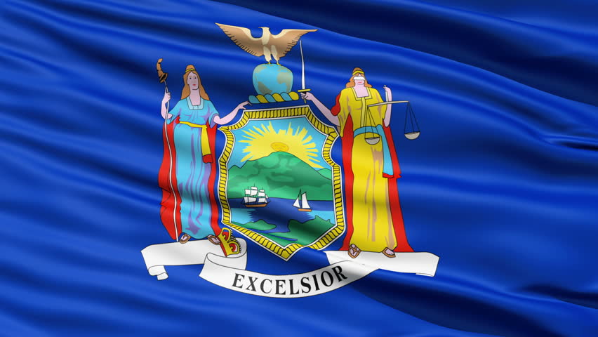Waving Flag Of The US State of New York with the official coat of arms and two