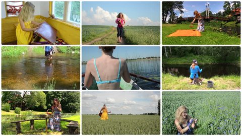 Happy woman spend holidays in nature. Active leisure. Montage of video footage clips collage. Split screen. White round corner frame. 4K UHD 2160p