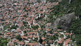 Panning the Kalambaka town and rock, Meteora,  Greece