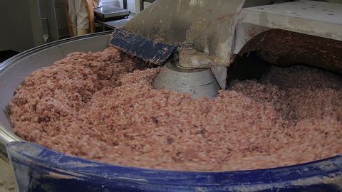 Meat chopper machine, mixing meat and spices for making hot dogs and sausages in a food factory